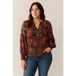 New Easel Boho Blouse Multicolor Tribal Print Top Long Sleeve Size Small